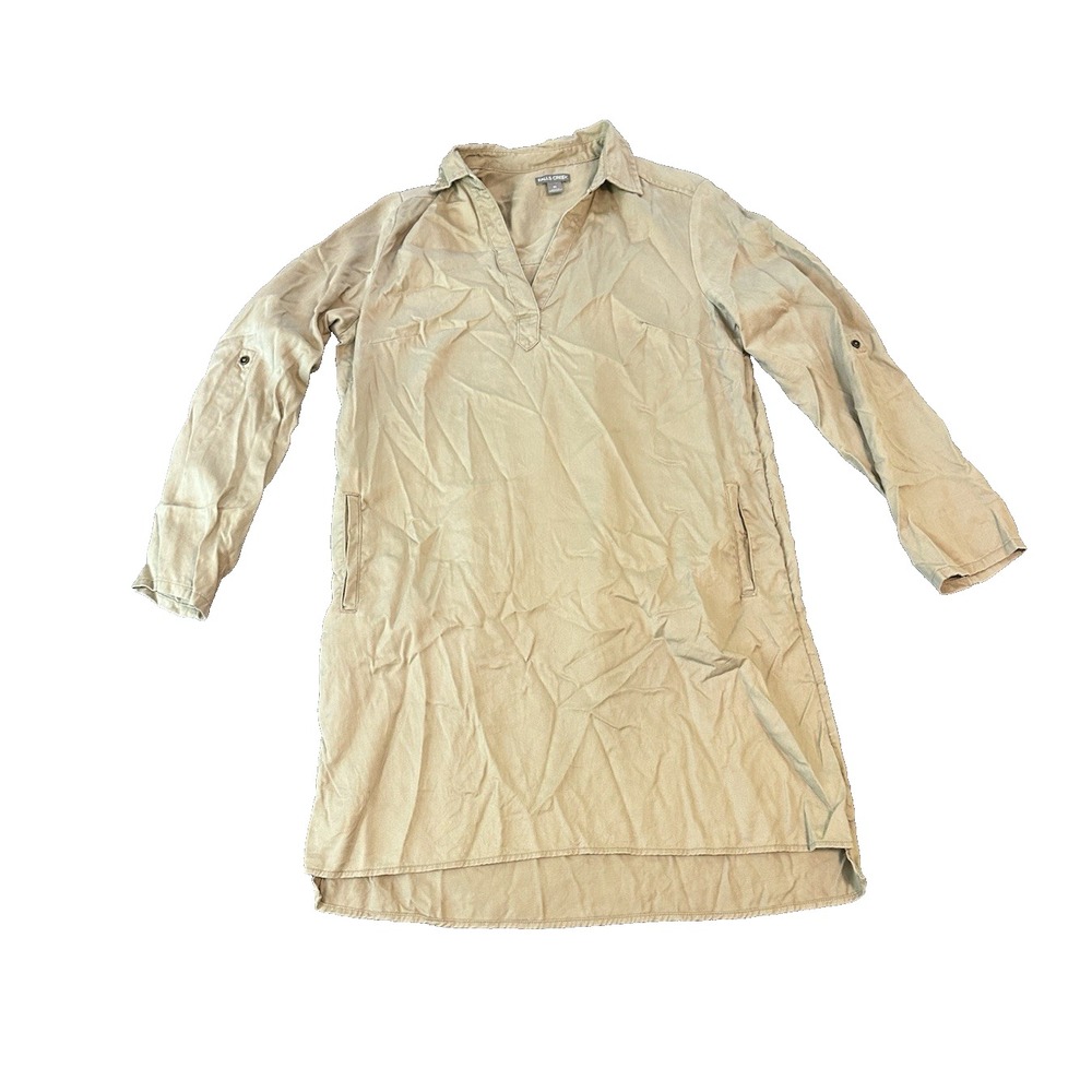Khaki 100% Lyocell Womens Utility Shirt Dress M Tan Lagenlook Travel Minimalist